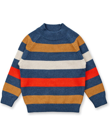 Sense Organics Kinder Strick-Pullover EZRA - Blue-Camel-Orange-Red Stripes