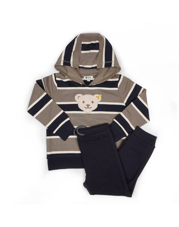 Steiff Set Hose + Sweatshirt gestreift mit Kapuze - Navy / Grün / Creme