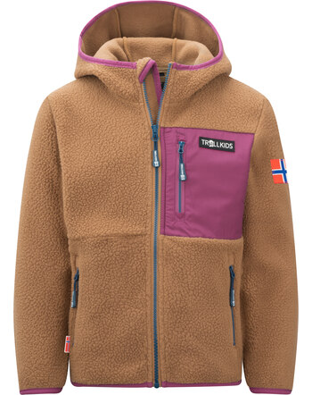 Trollkids Jacket sherpa fleece KIDS AURLANDSFJORD - Almond/Bright Berry/Madeira Blue